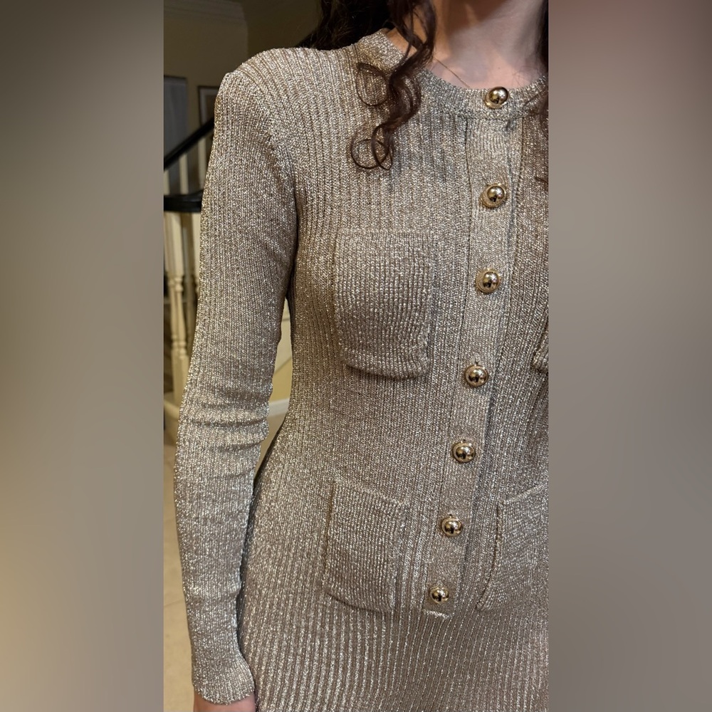 Shimmery Gold Knit Button-Up mini dress